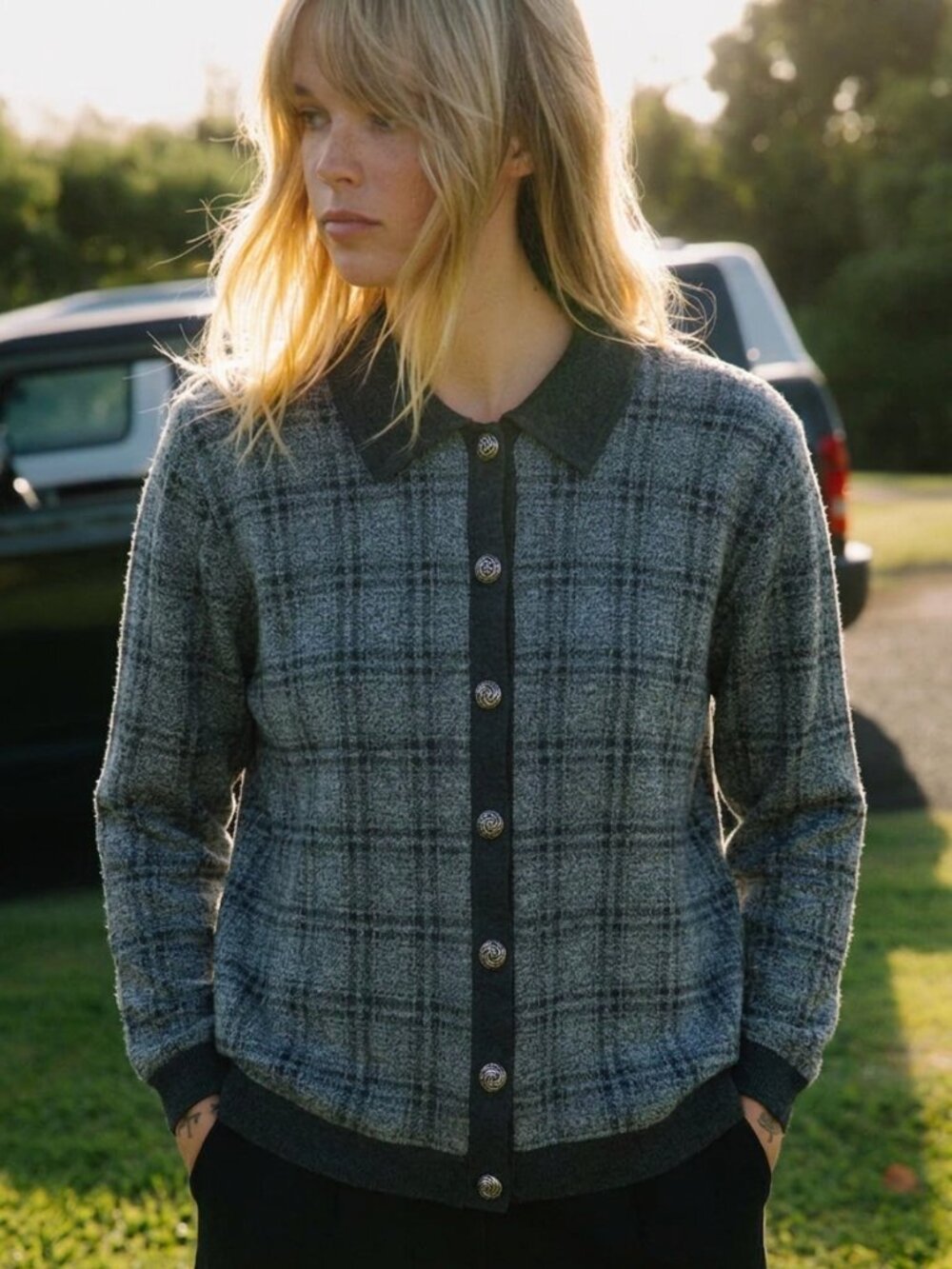 CD Petites Button Up Plaid Knit Sweater Jacket